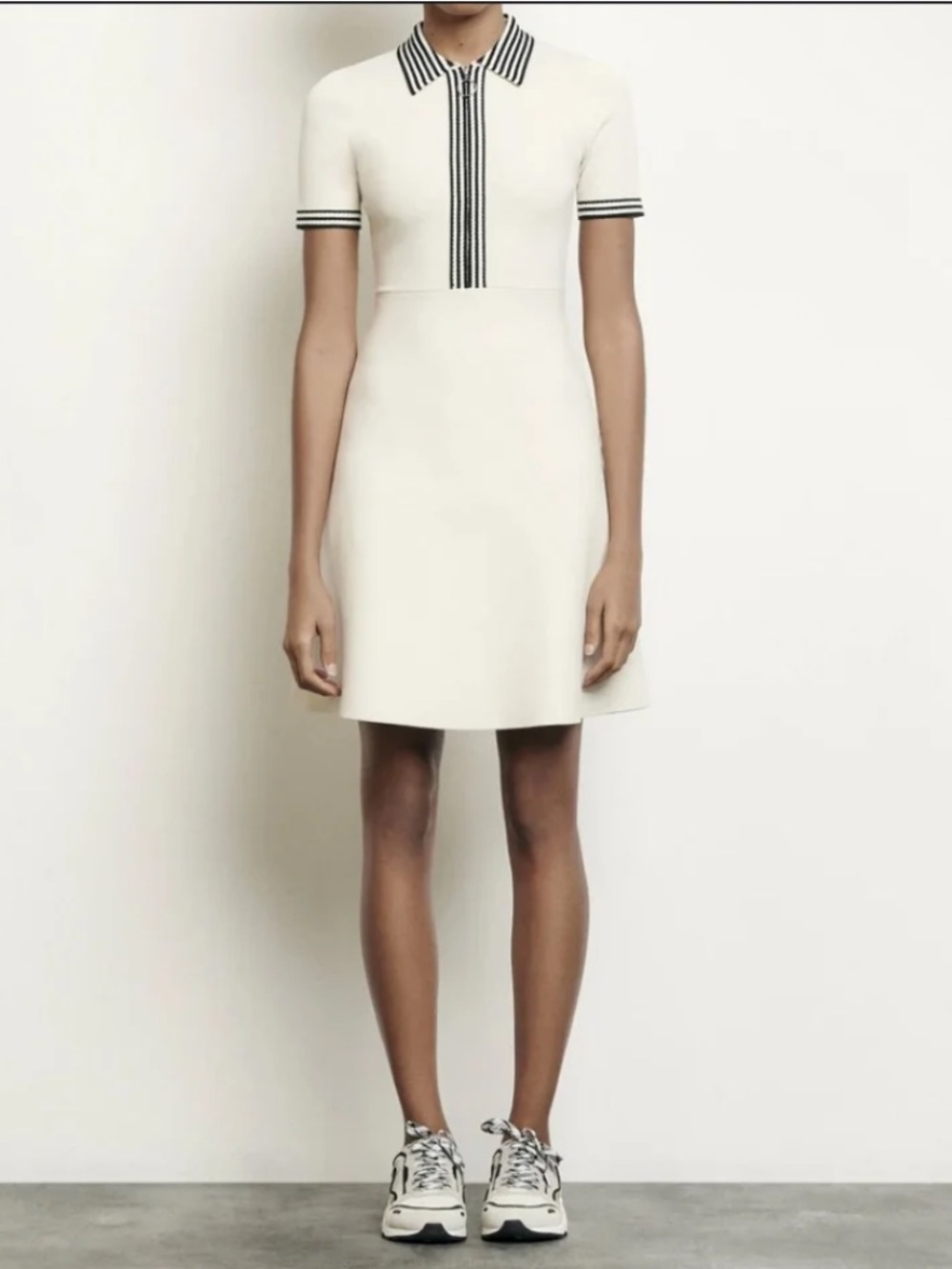 Sandro Cream Knit Polo Mini Dress with Black Trim